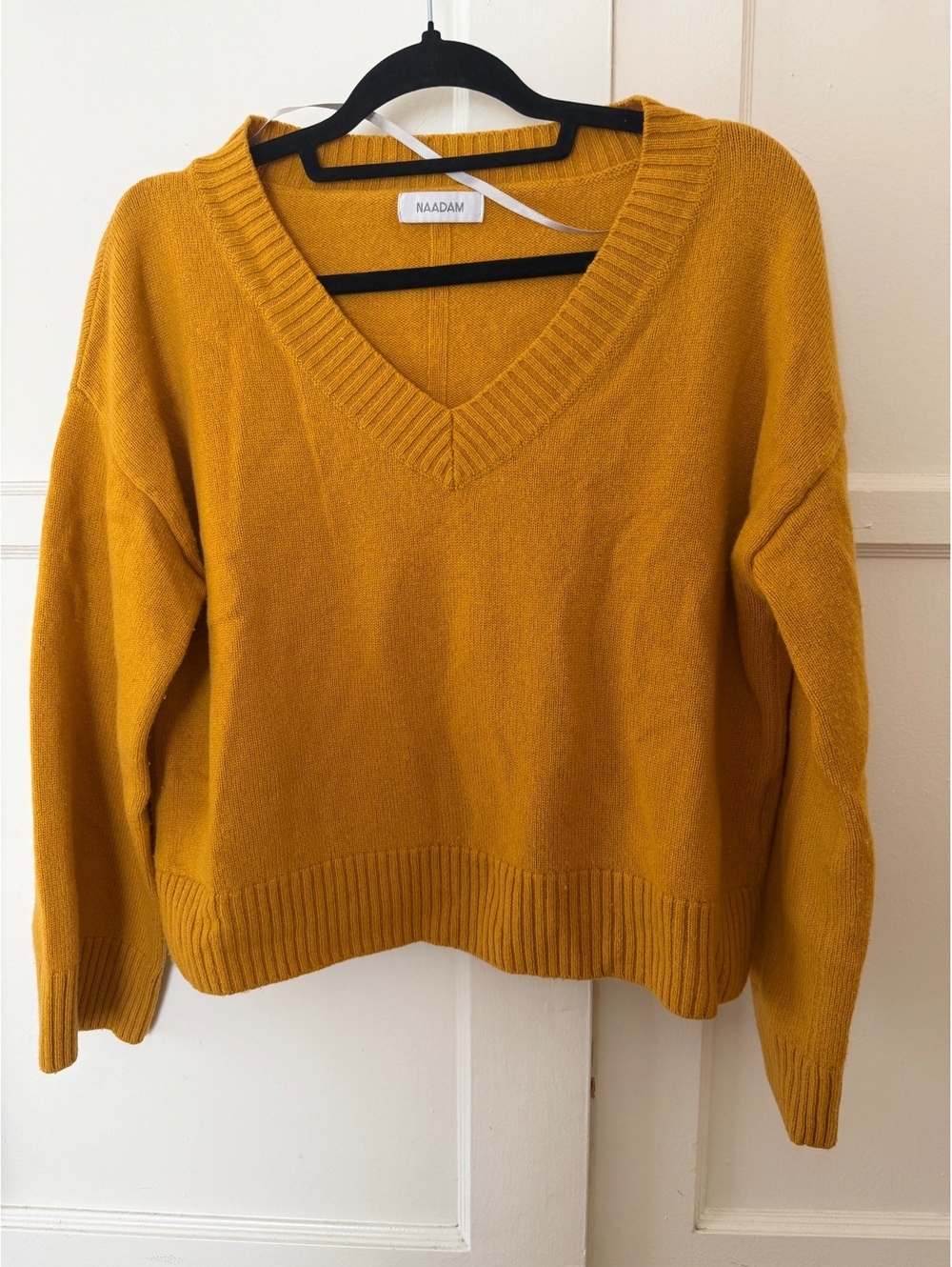Naadam Wool Cashmere Blend Boxy V-Neck Sweater, Mustard, Size S